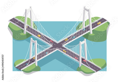 Modern suspension bridge intersection with cars driving over blue water