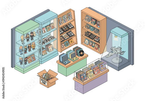 Isometric illustration of a retro collectibles shop with toys, records, and vintage electronics