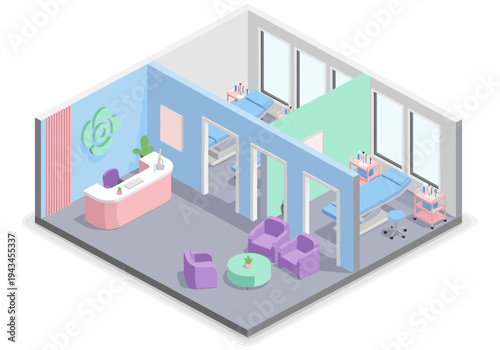 Isometric view of a modern beauty salon interior with reception and treatment rooms