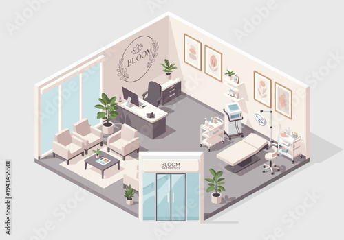Modern medical spa interior with reception, treatment room, and waiting area
