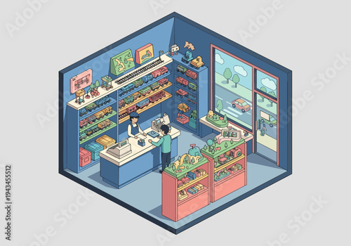 Isometric toy store interior with shelves full of trains and a customer at the counter