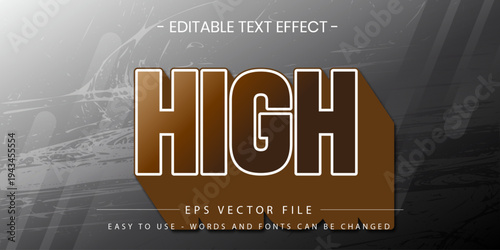 High 3D Editable Text Effect with Brown Long Shadow. Modern 3D text effect "HIGH" featuring a brown gradient and stylized long shadow on a dark textured background.