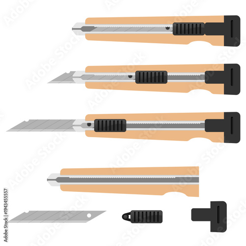 Utility knife box cutter vector set flat design minimalist isolated tool with retractable snap-off blade for precision cutting DIY project craft office supplies and construction work.