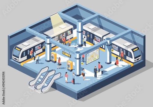 Isometric subway station with trains, escalators, and passengers waiting for transport