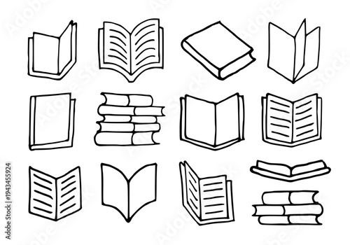 Book design illustrations doodle books reading library icons vector hand drawn