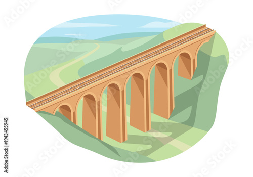 An arched railway viaduct spans across a green valley with rolling hills and a winding path