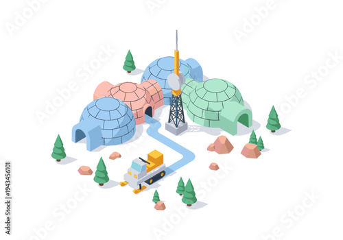 Isometric arctic village with igloos, snowmobile, and communication tower