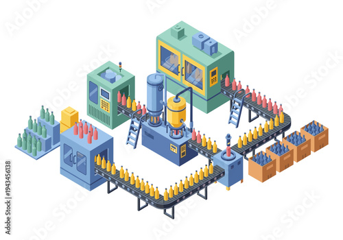 Automated bottle manufacturing and packaging line in isometric view
