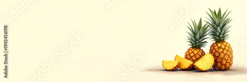 Ultra wide illustration of a pile of fresh pineapples arranged on the right side with soft watercolor background and large copy space, ideal for healthy food ads, menus, and header banners