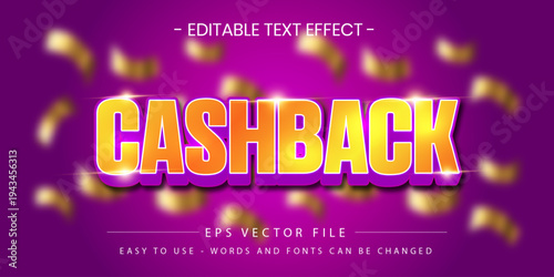 Cashback 3D Editable Text Effect with Golden Glitter. Luxury 3D "CASHBACK" text effect with golden gradient and glowing light flares on a purple background with blurred confetti.