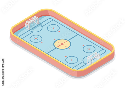 Isometric air hockey table with goals and face-off circles, clean vector illustration