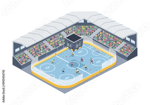 Isometric view of a hockey arena with players on the ice and spectators in the stands