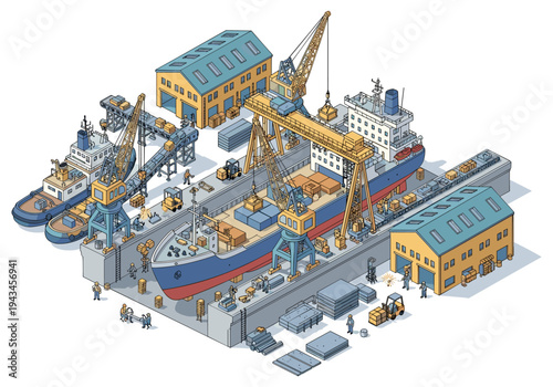 Isometric view of a busy shipyard with ships, cranes, and workers in a dry dock