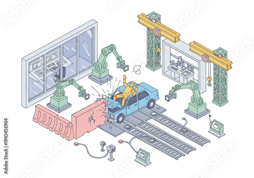 Automated car crash test with robotic arms and dummy in a modern laboratory