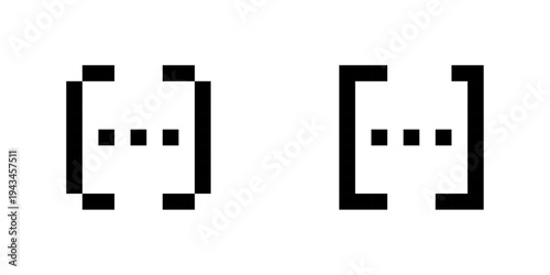 Pixel square brackets icons with ellipsis, 8-bit code syntax symbols, retro blocky programming placeholder icons