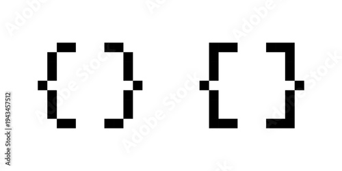 Pixel curly braces icons set, 8-bit programming code brackets symbols, retro blocky developer syntax icons