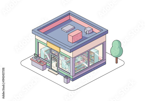 Isometric convenience store with open sign and products displayed inside
