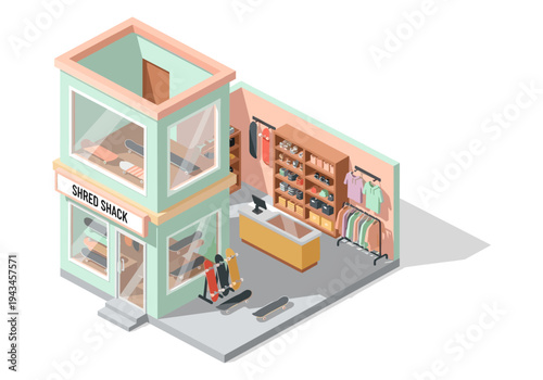 Isometric skateboard shop interior with display shelves, clothing racks, and skateboards