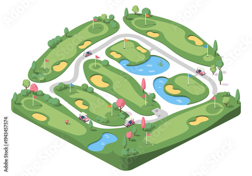 Isometric golf course illustration with golf carts, ponds, and flags on green fairways