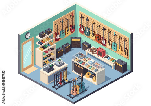 Isometric view of a music store filled with guitars, amplifiers, and effects pedals