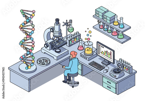 Scientist working in a modern laboratory with DNA, microscope, and computer
