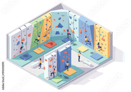 Isometric climbing gym with people bouldering and top-roping on colorful walls