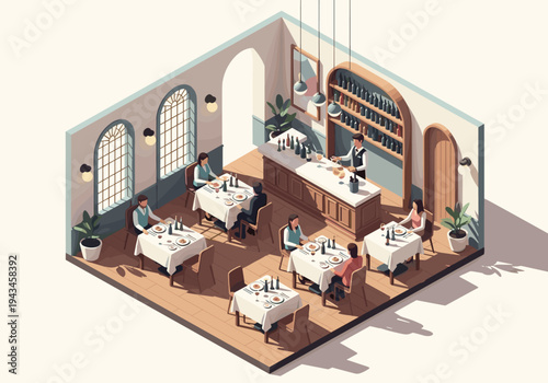 Isometric restaurant interior with diners enjoying meals and a bartender serving drinks at the bar