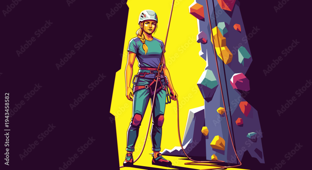 Obraz premium Young woman preparing to climb a rock wall in indoor gym setting 
