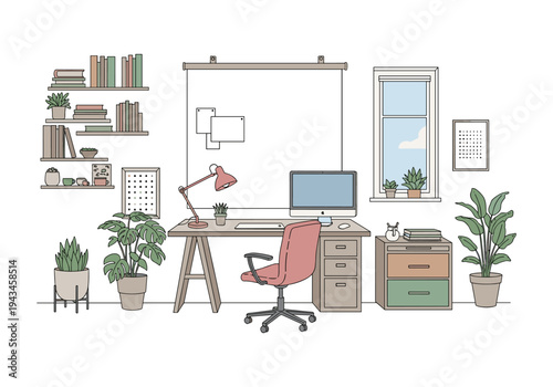 Cozy home office setup with desk, computer, chair, plants, and bookshelves