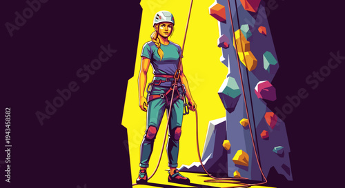 Young woman preparing to climb a rock wall in indoor gym setting  