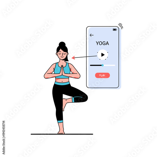 A woman practicing yoga tree pose while following an online yoga class on her smartphone.