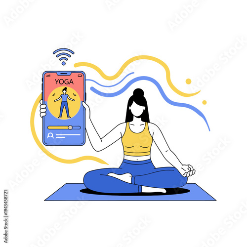 Woman practicing yoga at home using a mobile application for online fitness and wellness guidance.