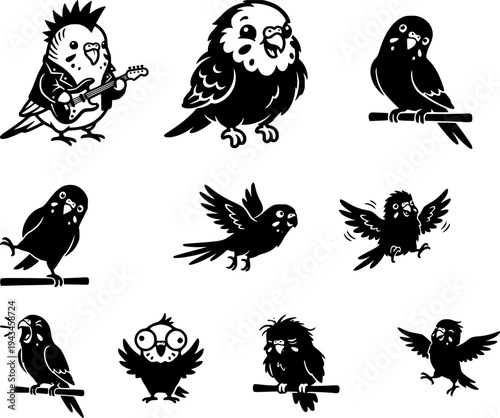 Black and white vector set of different budgies, next to a single budgie playing an electric guitar, rocker style. Minimalist flat design with clean lines.