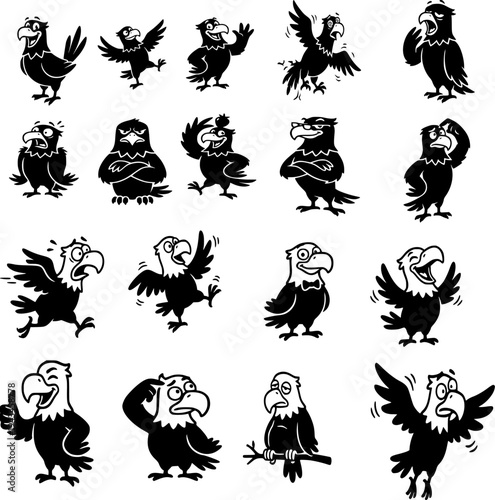 A vector illustration set containing multiple funny and goofy cartoon eagle characters. Each eagle has comical expressions, silly poses, and exaggerated features