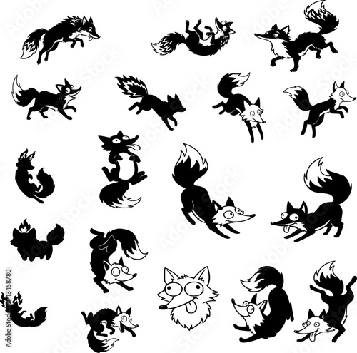 Black and white vector set of goofy and funny cartoon foxes, with various comical expressions and poses. Minimalist flat design with clean lines.