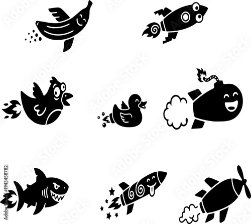 Black and white vector bundle featuring a shark, rubber duck, goofy bird, and variously shaped space rockets. Minimalist flat design set.