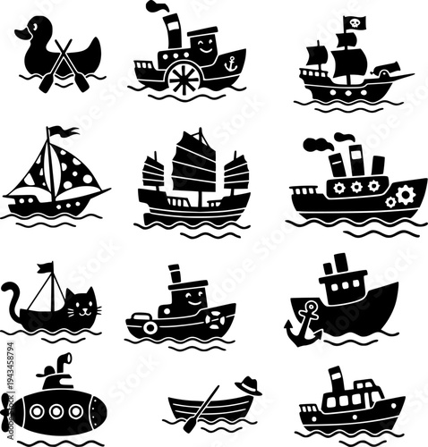 Black white vector illustration set featuring funny and goofy cartoon ships. The collection shows funny, surreal vessel shapes on a clean white background