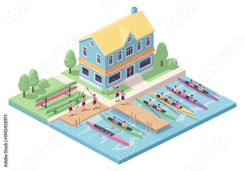 Isometric rowing club with boats and athletes preparing for water activities