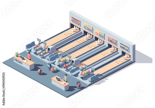 Isometric bowling alley with multiple lanes, balls, pins, and seating areas