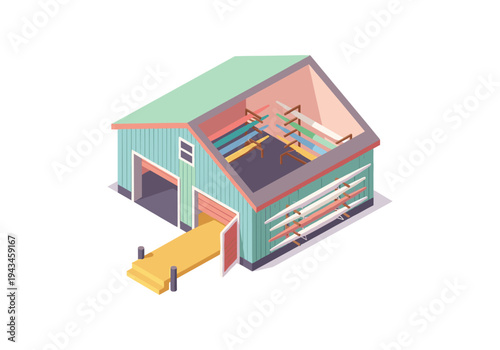 Boathouse with kayaks and canoes stored on racks, ready for water activities