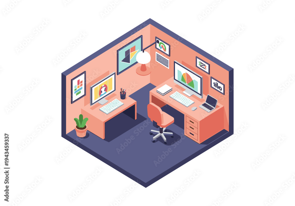 Fototapeta premium Modern isometric home office setup with two desks and computers, perfect for remote work