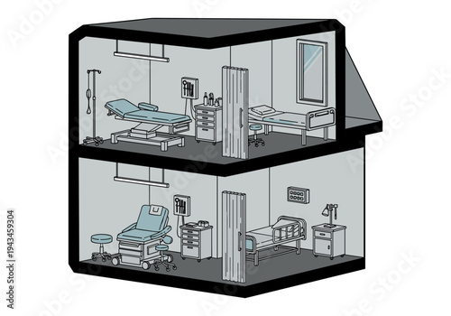 Isometric view of a medical clinic interior with examination rooms and patient beds