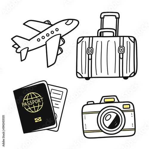 Hand-drawn doodle style illustration of travel essentials including an airplane, luggage, passport, and camera, set against a white background.