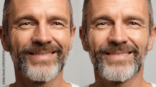 Smiling Male Face Expressions : A man's expression showcases two distinct faces of emotions, evoking feelings, showcasing a spectrum of moods and thoughts.