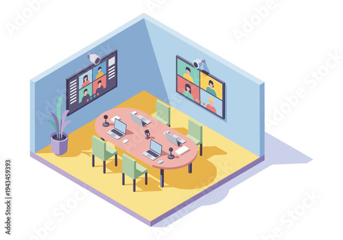 Modern conference room with video conferencing setup and laptops on oval table