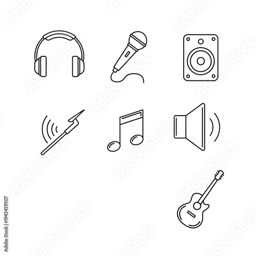A collection of line art icons representing various music and sound related items including headphones, microphone, speaker, musical note, and guitar.