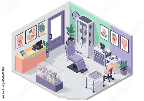 Modern piercing studio interior with reception, piercing chair, and jewelry display