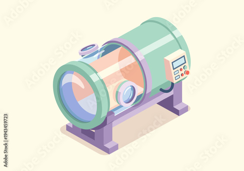 Isometric illustration of a futuristic scientific experiment chamber with control panel