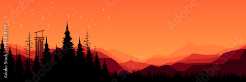 Wide screen twilight nature banner featuring coniferous forest and warm evening copy space