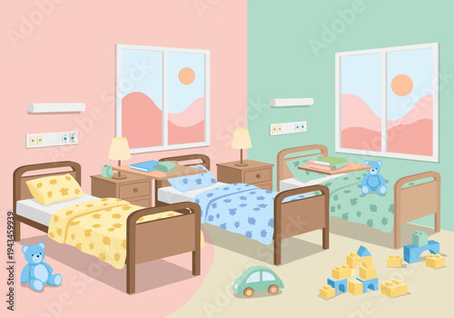 Children's hospital room with two beds, toys, and a sunny window view